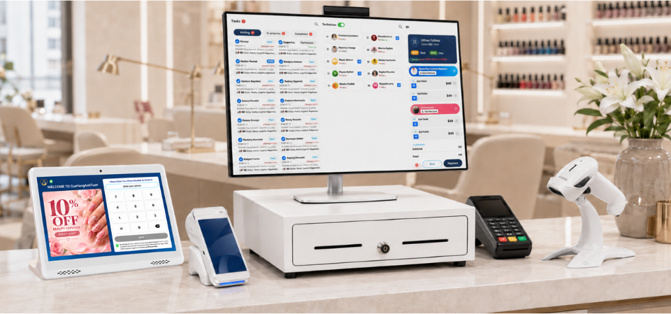 Senverse nail salon POS system with management screen and payment devices