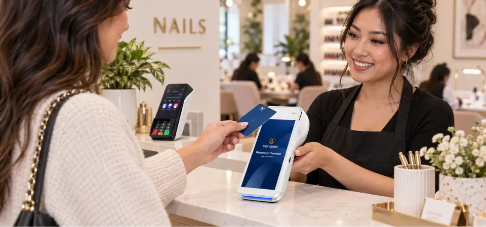 Nhân viên tiệm nail tính tiền bằng giải pháp xử lý thanh toán thẻ Senverse