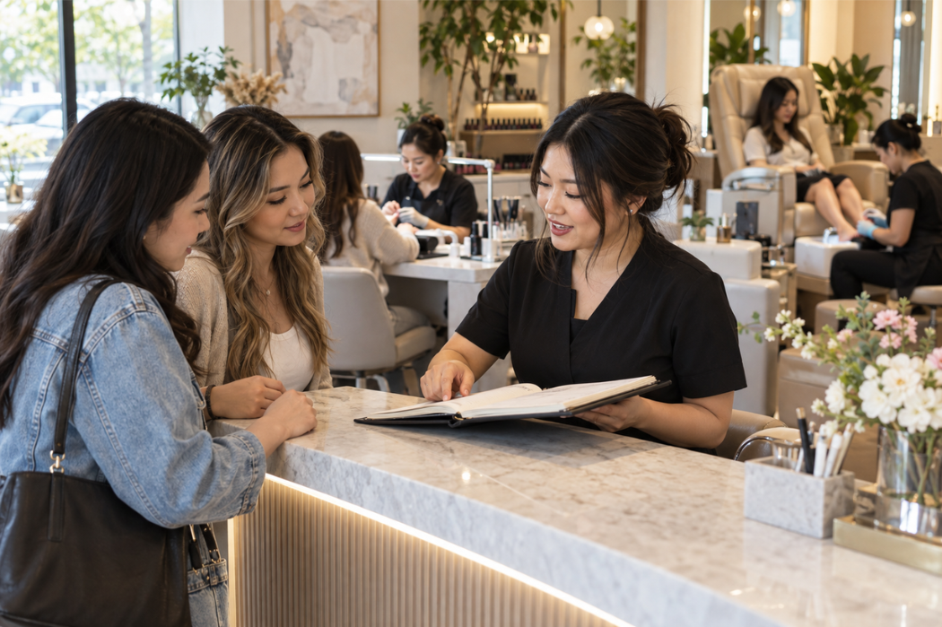 Front desk discussing walk-in availability with two customers at a busy nail salon