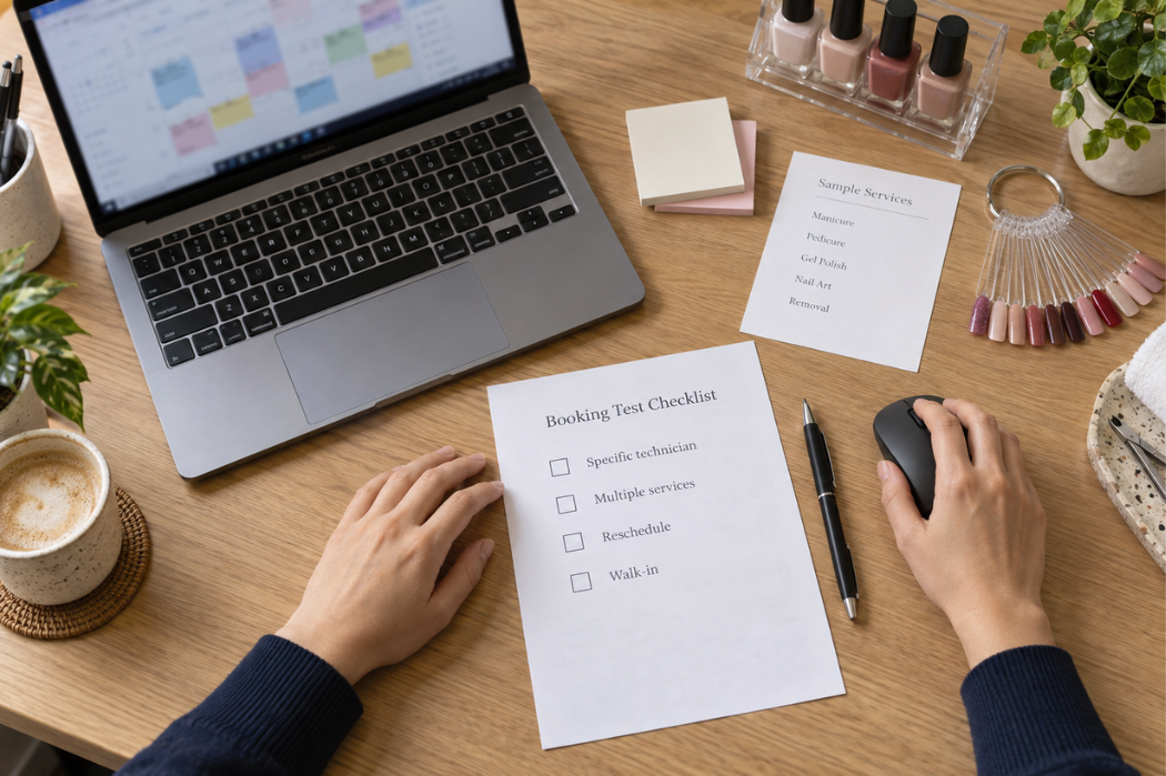 Checklist kiểm thử phần mềm đặt lịch bên cạnh laptop và danh sách dịch vụ mẫu của tiệm nail