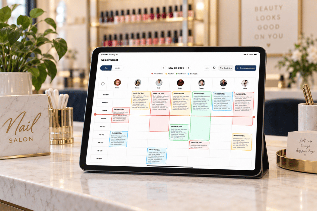 An appointment view can help the front desk review scheduled visits and technician availability throughout the day.