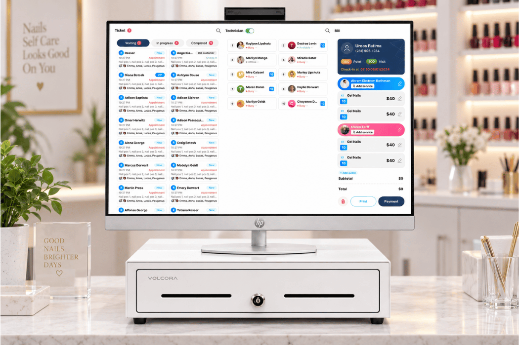 Nail salon POS screen connecting client tickets, technicians, services, and checkout