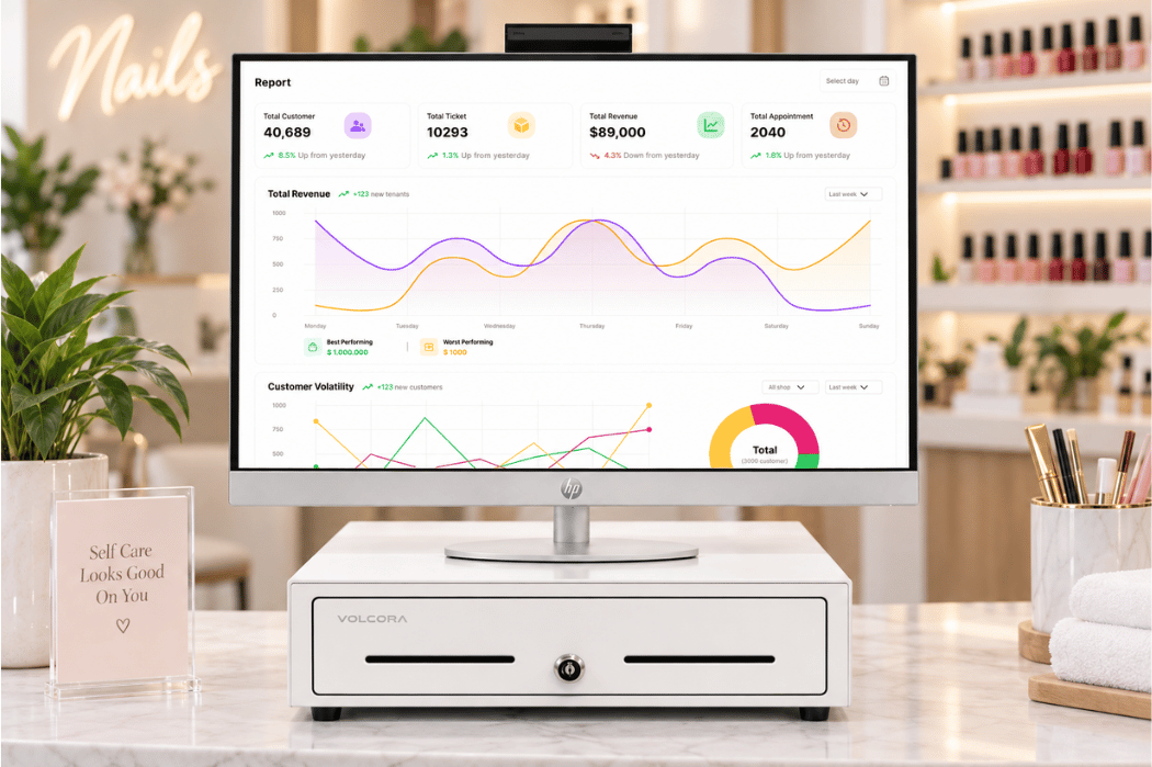 A reporting dashboard can organize recorded appointment, ticket, customer, and sales activity for review.
