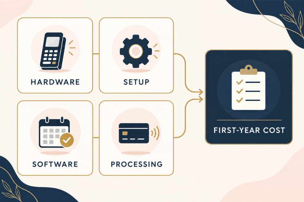 First-year nail salon POS cost breakdown for hardware, setup, software, and processing