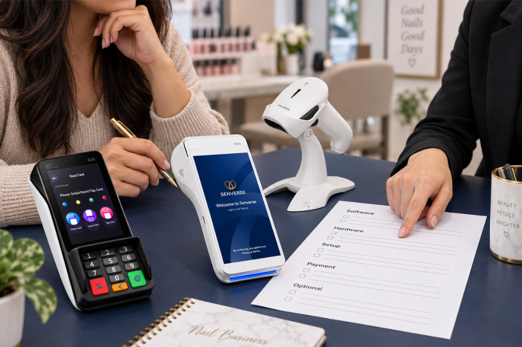 Nail salon owner reviewing POS hardware and setup requirements with a provider