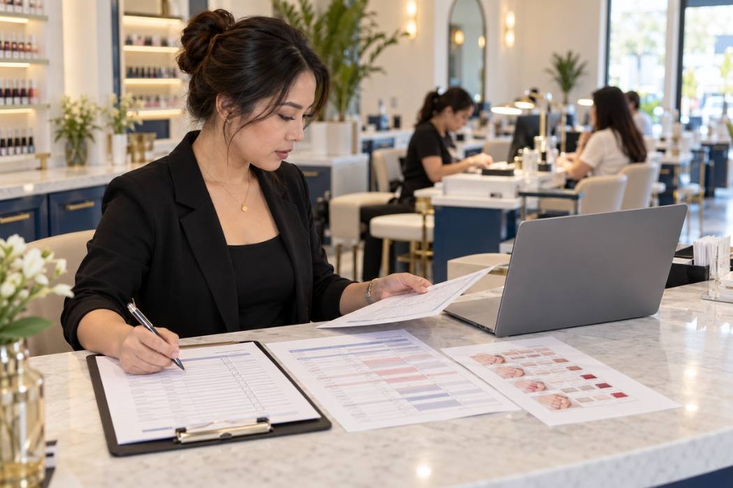 Nail salon manager checking appointment schedules and service records before switching POS systems