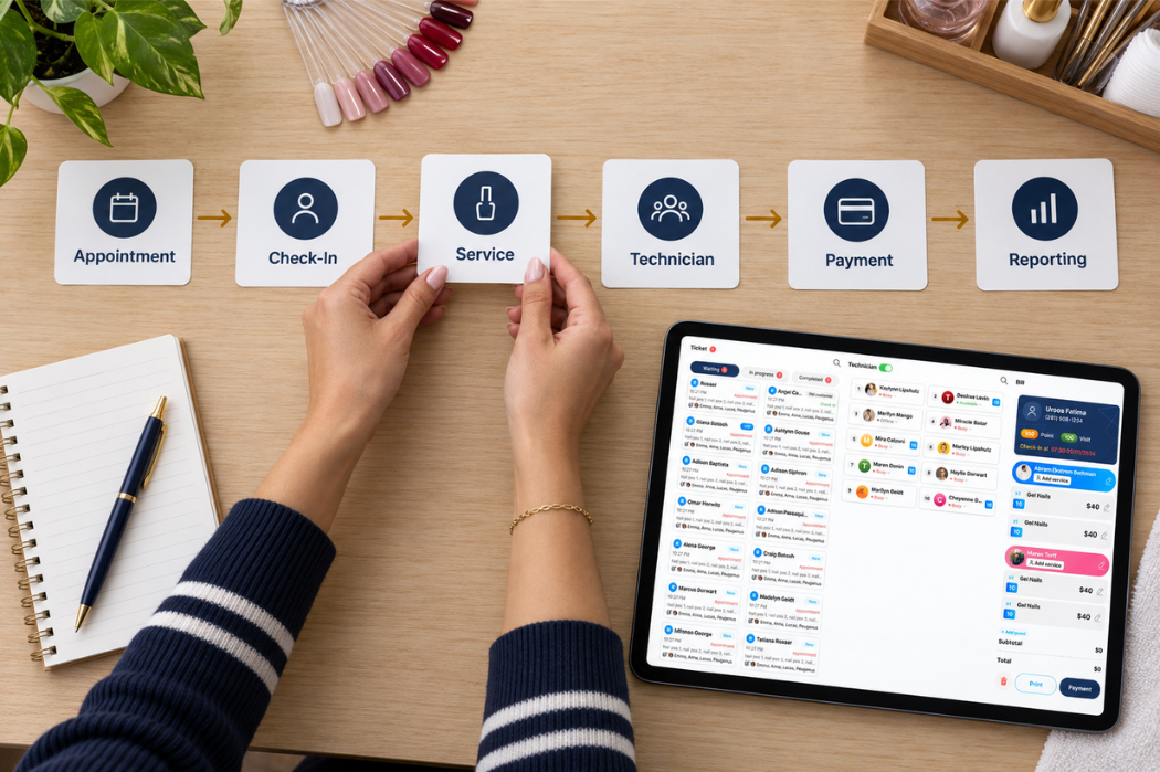 Nail salon POS workflow from appointment and check-in to payment and reporting