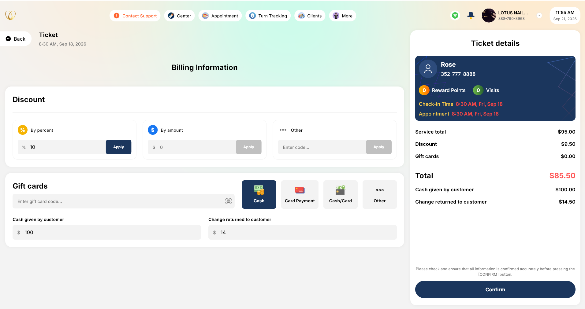 Màn hình checkout của Senverse POS hiển thị tùy chọn giảm giá, phương thức thanh toán và tổng tiền ticket.