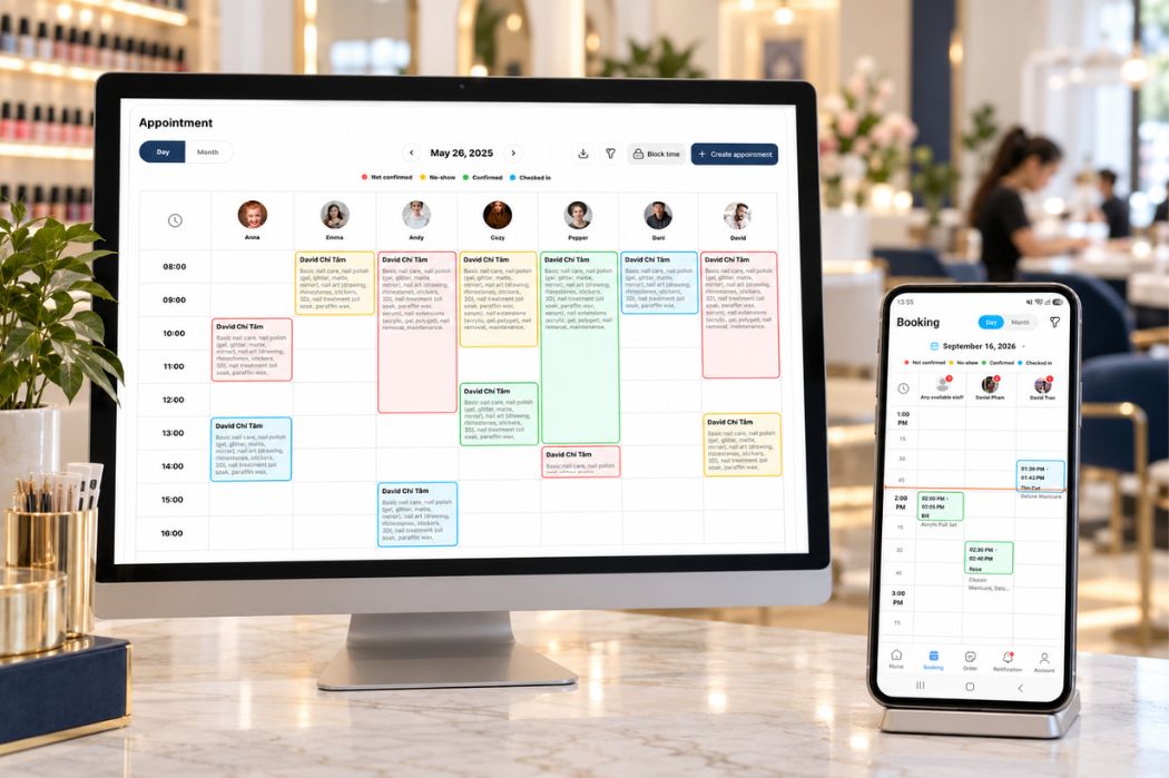 Senverse appointment calendars displayed on a desktop POS and a smartphone