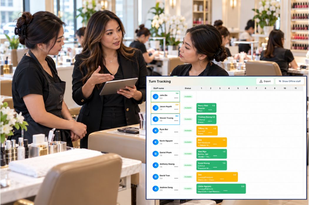 Salon manager discussing technician assignments with a Senverse Turn Tracking screenshot