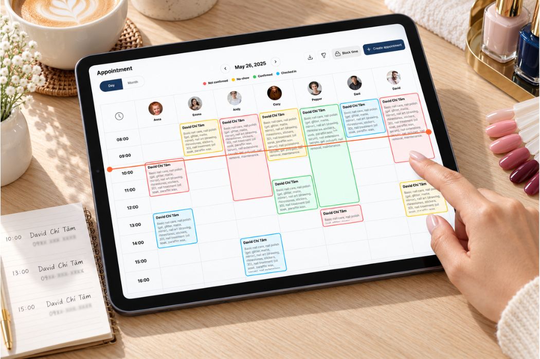 Senverse appointment calendar displayed on a tablet beside nail color samples