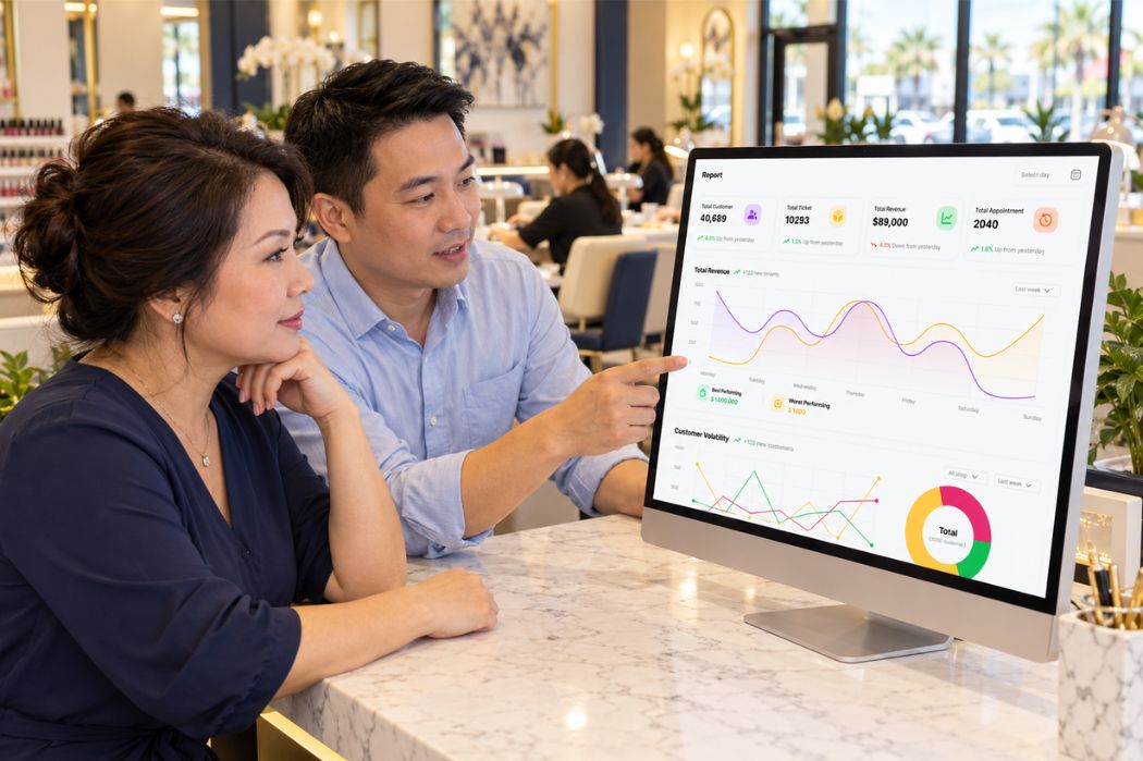 Nail salon owner receiving guidance on the Senverse reporting dashboard