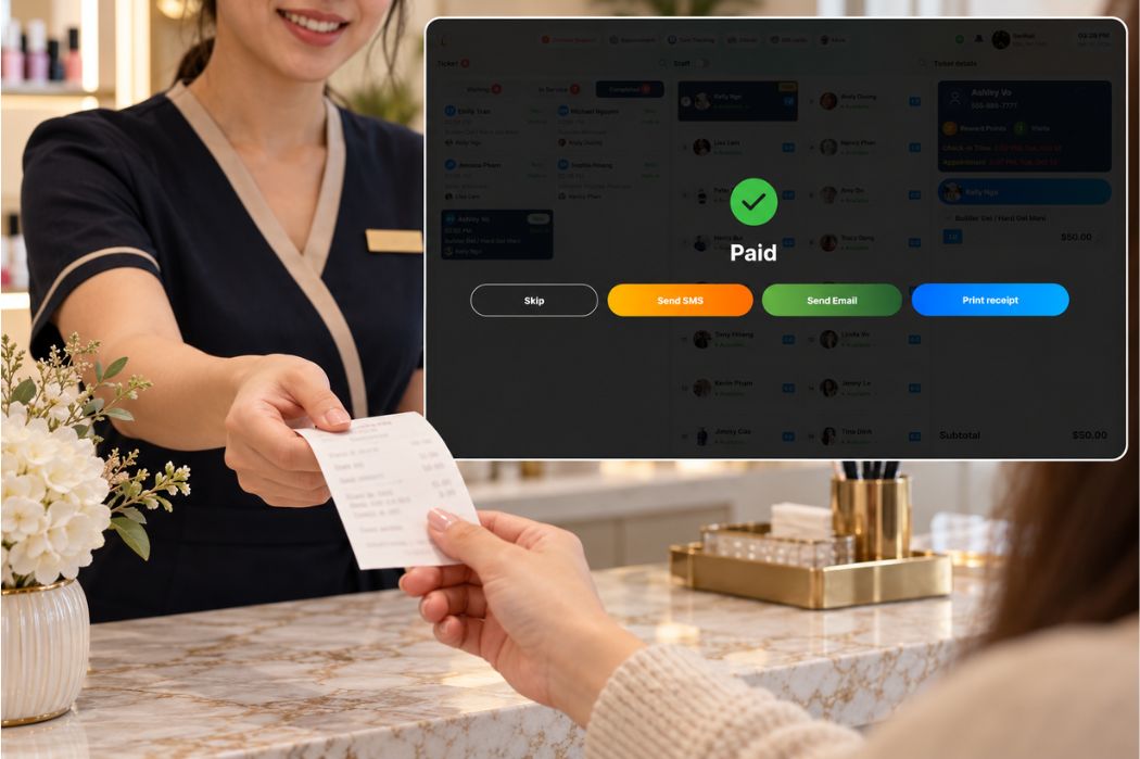 Receptionist handing a receipt to a client beside a Senverse Paid confirmation screenshot