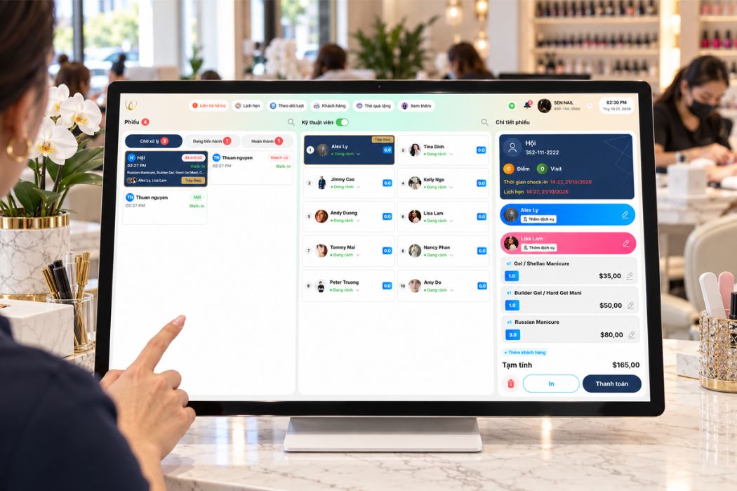 Senverse POS ticket screen with Vietnamese navigation and service details