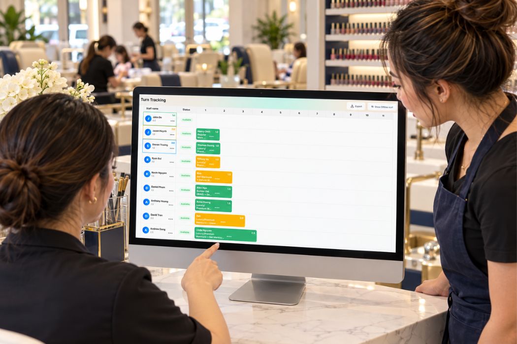 Receptionist and nail technician reviewing the Senverse Turn Tracking screen